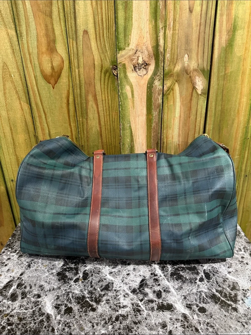 Polo by Ralph Lauren Dark Green and Navy Plaid Leather-Trim Duffel